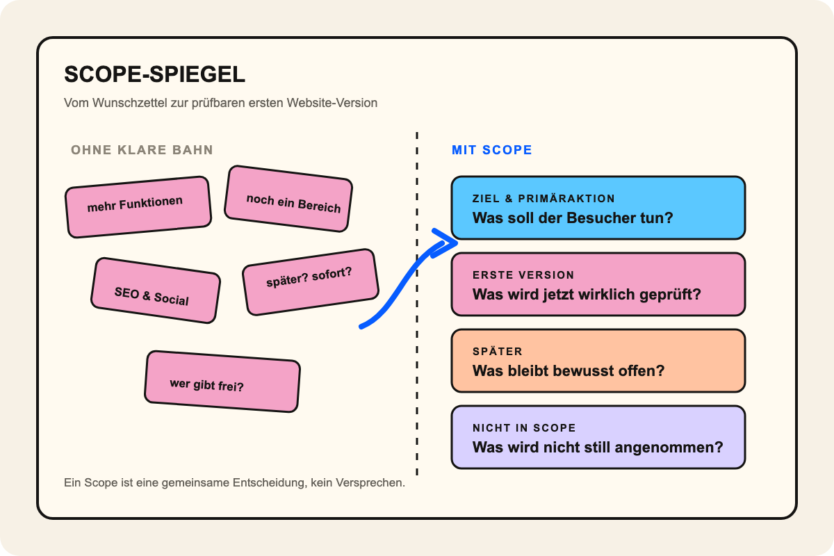 Scope-Spiegel mit einer unklaren Website-Wunschliste links und geordneten Bahnen für Ziel, erste Version, später und nicht in Scope rechts